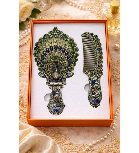 Osmanlı Vintage Tavus Kuşu Desenli El Aynası & Tarak Seti – Antik Gümüş Tonlu Hediyelik Set (Sıcak Beyaz)