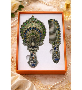 Osmanlı Vintage Tavus Kuşu Desenli El Aynası & Tarak Seti – Antik Gümüş Tonlu Hediyelik Set
