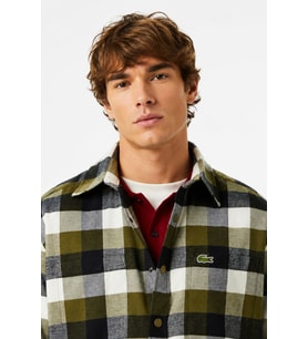 Lacoste Men's Relaxed Fit Button-Down Linen Shirt Rahat Kesim Pamuklu Kareli Erkek Gömlek Haki
