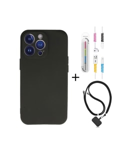 Apple Iphone 14 Pro Max Kılıf Siyah Silikon+kablo Koruyucu+boyun Askısı