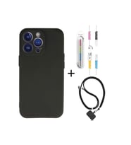 Apple Iphone 14 Pro Max Kılıf Siyah Silikon+kablo Koruyucu+boyun Askısı