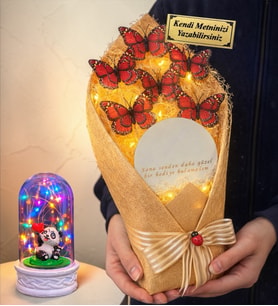 Size Özel Led Işıklı Aynalı Kırmızı Kelebek Buketi ve Renkli Işıklı Biblolu Fanus (Model 2)