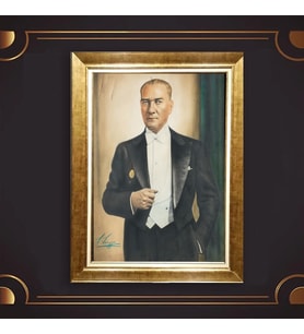 Altın Varaklı Çerçeveli Paspartulu Atatürk Tablo z4931 (Gold)