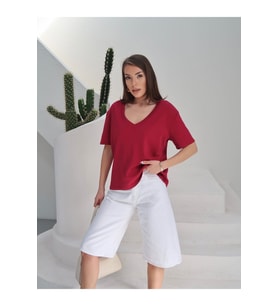 Kadın Massi İnterlok Kumaş V Yaka Oversize T-Shirt