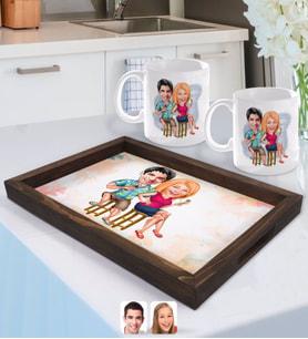 BK Gift Kişiye Özel Sevgililer Karikatürlü Doğal Ahşap Tepsi ve 2’li Kupa Bardak Seti-51