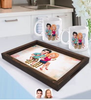 BK Gift Kişiye Özel Sevgililer Karikatürlü Doğal Ahşap Tepsi ve 2’li Kupa Bardak Seti-51