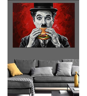 Hamburger Yiyen Karizmatik Charlie Chaplin Dekoratif Kanvas - Mdf Ahşap Tablo
