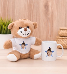 Kişiye Özel Mavi Yıldız Kafa Fotoğraflı Peluş Ayı ve Beyaz Kupa