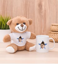 Kişiye Özel Mavi Yıldız Kafa Fotoğraflı Peluş Ayı ve Beyaz Kupa