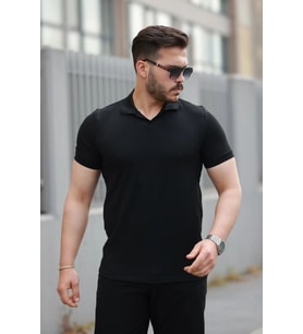 pilelistore- Erkek Yakalı Waffle Dokulu Kısa Kollu Tişört (Siyah)