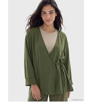 LCW Modest Yeşil Kruvaze Yaka Dokulu Modal Karışımlı Kadın Kimono
