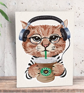 BK Gift Kahve İçen Kedi Tasarımlı Dekoratif Mini Kanvas Tablo 15x20cm-1