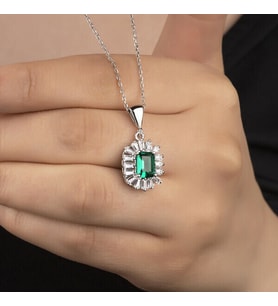 Elmas Zumrut  Zirkon Taşlı925 Ayar Gümüş Kadın Kolye