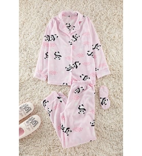 Tarz Rahat Uzun Kollu Boru Paça Panda Desenli Uyku Bantlı Polar Kışlık Örme Pijama Takımı (Açık Pembe)