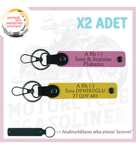Motosiklet Severlere İsim Plaka ve A Rh (-) Kan Grubu, Acil Durum x2' li Anahtarlık, Sarı-Pembe-Laci