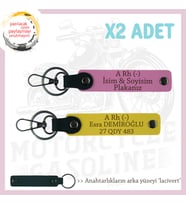 Motosiklet Severlere İsim Plaka ve A Rh (-) Kan Grubu, Acil Durum x2' li Anahtarlık, Sarı-Pembe-Laci