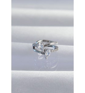 Mey İthalat® Pirinç Gümüş Renk Zirkon Taşlı Damla Earcuff Küpe