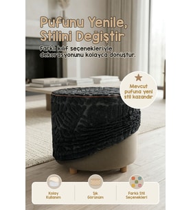 Yıkanabilir Puf Tabure Kılıfı Tak-Çıkar-Değiştir-Yenile Siyah