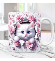 3D Efektli Beyaz Kedi Desenli Pembe Çiçek Desenli Hediyelik Porselen Kupa Bardak