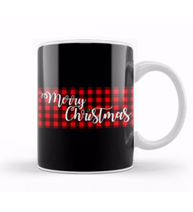 Yılbaşı Yeni Yıl Konseptli Merry Christmas Banner on Buffalo Plaid Kupa Bardak Porselen
