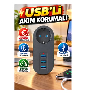 2500W Akım Korumalı Priz – 3 USB Çıkışlı, Termal ve Çocuk Korumalı