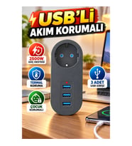 2500W Akım Korumalı Priz – 3 USB Çıkışlı, Termal ve Çocuk Korumalı