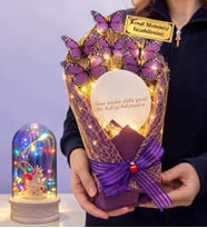 Kişiye Özel Aynalı Tasarım Led Işıklı Mor Kelebek Buketi (Renkli Işıklı Fanus Hediyeli) (Model 6)