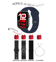 Samsung Galaxy Z Fold4 Uyumlu Lacivert Akıllı Saat Watch 10 Mini Kordon Hediyeli AMOLED EKRAN 41MM (Lacivert-Siyah)