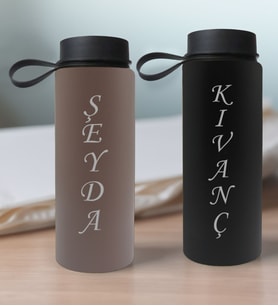 BK Gift Kişiye Özel İsimli 2’li Gri ve Siyah Cam Matara 500ml, Sevgiliye Hediye, İsimli Cam Matara, Sevgililer Günü