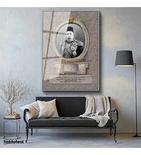 Gümüş Renk Metal Çerçeveli Tamperli Cam Tablo Sultan Mehmed Reşad Portresi Osmanlı Tablosu Duvar Dekoru