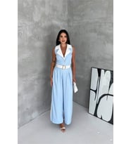 kadın bebe mavi çift renkli kemerli şerit detaylı tam boy kolsuz tulum NBK087