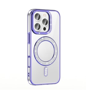 iPhone 16 Pro Kılıf Pırlanta Taş Tasarımlı M-safe Şarj Özellikli Karetta Silikon Kılıf (Mor)