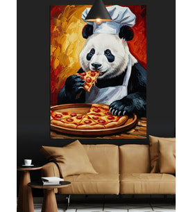 Pizza Yiyen Panda Dekoratif Kanvas - Mdf Ahşap Tablo