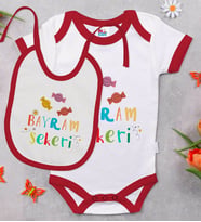 BK Kids Bayram Şekeri Tasarımlı Kırmızı Bebek Body Zıbın ve Mama Önlüğü Hediye Seti-1