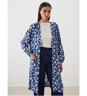 LCW Modest Mavi Şal Yaka Desenli Oversize Kadın Kimono