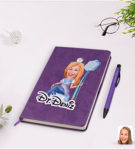 BK Gift Kişiye Özel Kadın Diş Hekimi Karikatürlü Mor Termo Deri Defter Kalem Seti Model 2