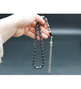 Kapsül Kesim Nakış İşlemeli Oltu Taşı Tesbih sk000155 (Siyah)