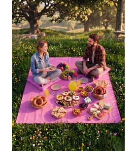 Pötikare Desenli - 170x170 Cm - Fuşya Renk - Çantalı Piknik Örtüsü ve 2'li Minder Seti - Kamp Örtüsü