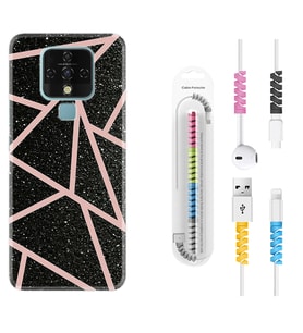 Tecno Camon 16 18P Pova 3 Pova Neo Kılıf Kablo Koruma Spiral Silikon Pembe Şeritli Mermer 1312