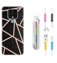 Tecno Camon 16 18P Pova 3 Pova Neo Kılıf Kablo Koruma Spiral Silikon Pembe Şeritli Mermer 1312