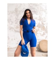 Saks Mavi Kemerli Kısa Kollu Spor Şort Tayt Tulum