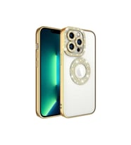 Apple iPhone 13 Pro Uyumlu Kılıf Kamera Korumalı Taş Süslemeli Arkası Şeffaf Zore Asya Kapak (Gold)