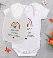BK Kids Babalar Günü Tasarımlı Bebek Body Zıbın ve Mama Önlüğü Hediye Seti - Model 2