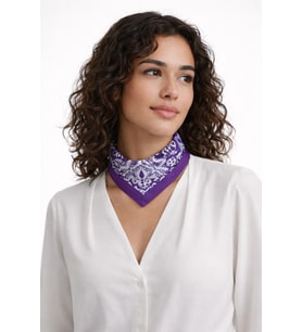 Mor Etnik Desenli Saten Fular 48x48 cm Kare Bandana – Şal Motifli