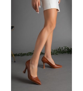 Cilt İnce Topuk Taba Büyük Numara Kadın Ayakkabısı Topuklu Stiletto