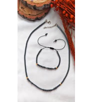 Tamamı Hematit Doğal Taşlı Mors Alfabesi Kolye - Bileklik Seti - Unisex 2 Li Set