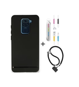 Xiaomi Redmi Note 9 Pro Kılıf Siyah Silikon+kablo Koruyucu+boyun Askısı