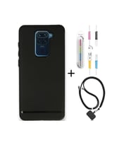 Xiaomi Redmi Note 9 Pro Kılıf Siyah Silikon+kablo Koruyucu+boyun Askısı