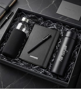 Kişiye Özel Dereceli Termos & Kılıflı Cam Matara & Siyah Defter & Roller Kalem Premium Ofis Hediye Seti