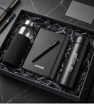 Kişiye Özel Dereceli Termos & Kılıflı Cam Matara & Siyah Defter & Roller Kalem Premium Ofis Hediye Seti